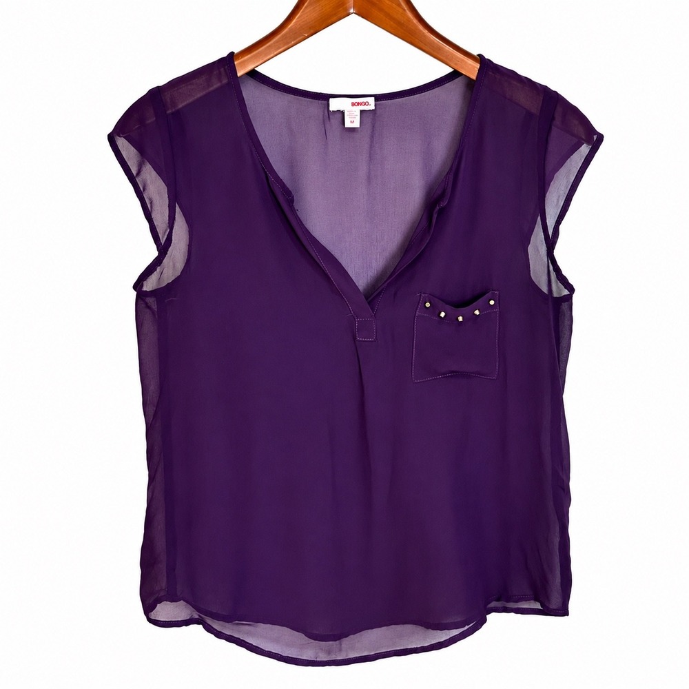 Bongo Womens Purple Sleeveless V-Neck Chiffon Blouse Studded Pocket Size M